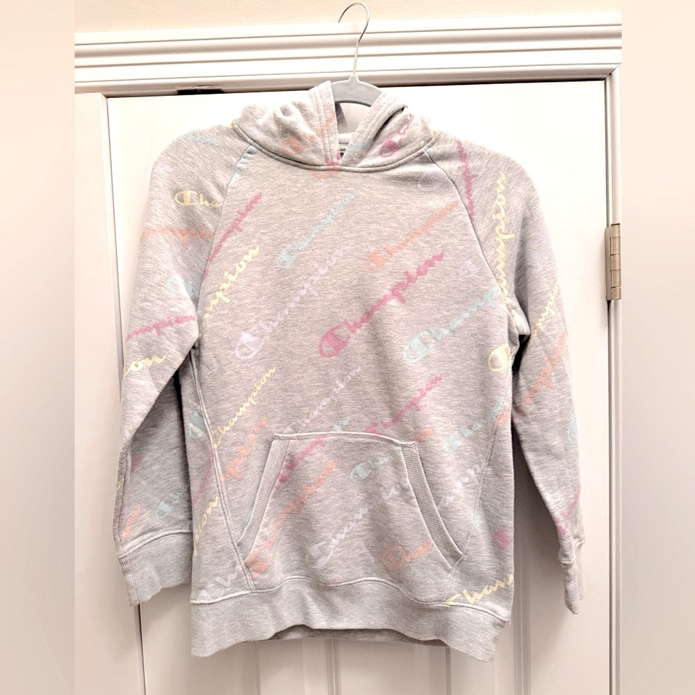 Champion Grey Hoodie with Multicolor paste Logo, front pockets. Size XL